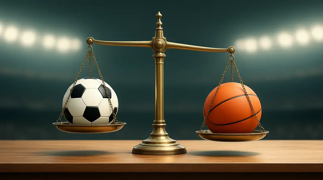 Brass balance scale with a black-and-white football in one pan and a basketball in the other, beam almost level