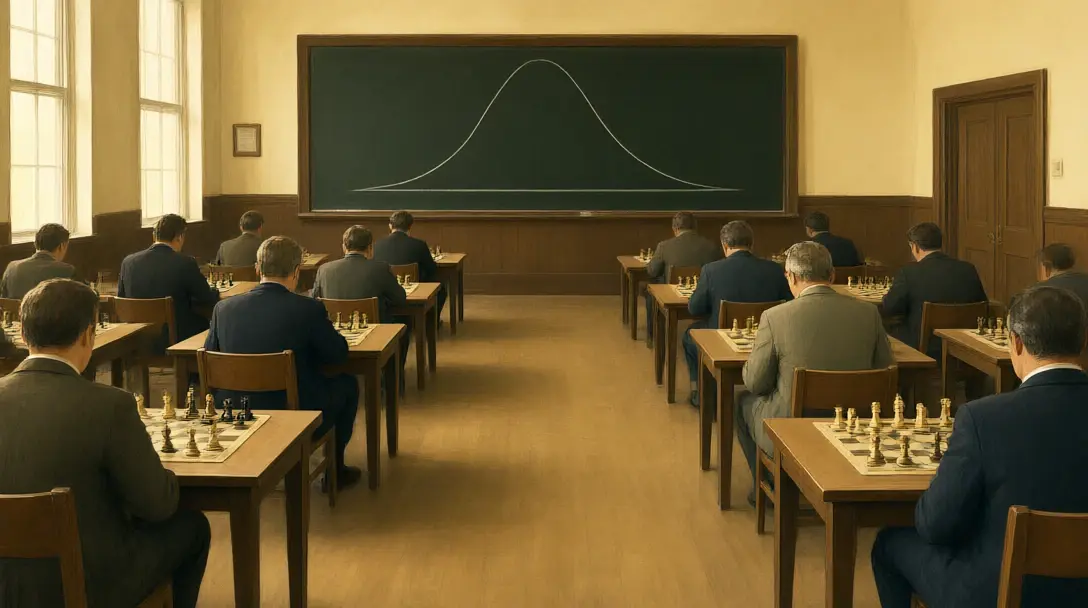 1960s chess tournament hall with players seen from behind and a blackboard showing a chalk bell curve