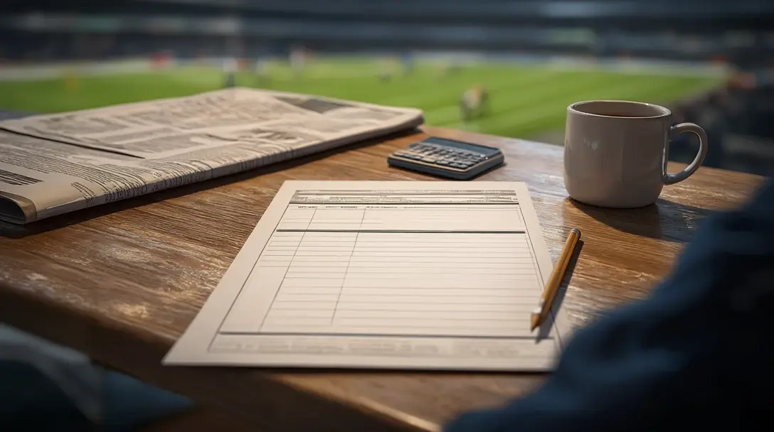 Wooden desk with a blank betting slip, pencil, calculator and tea beside a blurred football pitch.