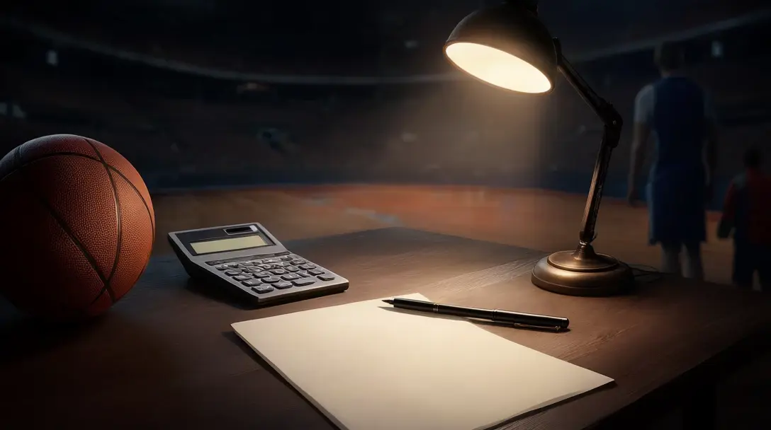 Dark wooden desk with a basketball, a blank calculator and a pen beside a sheet of paper under a desk lamp.