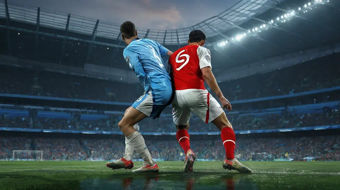 A Manchester City player in sky blue and an Arsenal player in red and white, seen from behind, tussling on a wet floodlit pitch