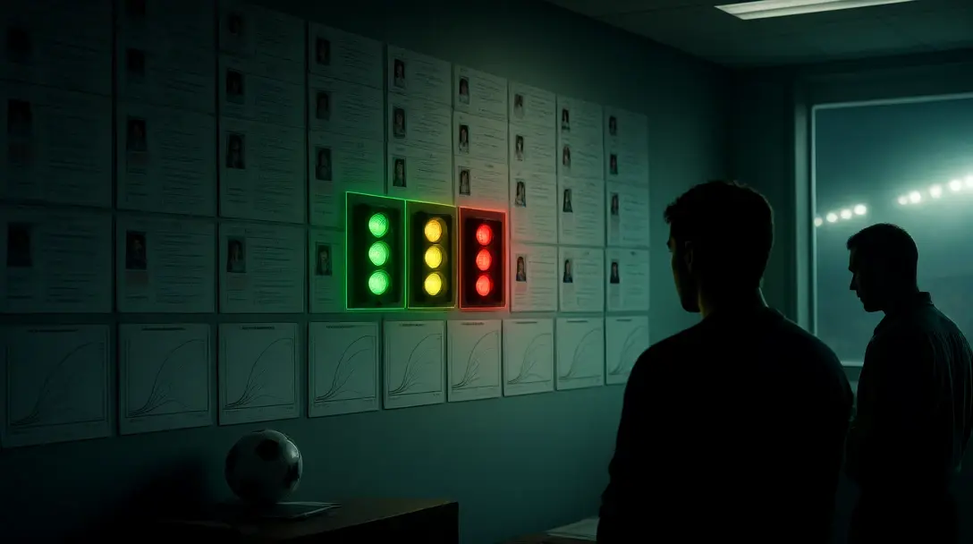 Recruitment room wall of player cards and ageing curves with green, amber and red cards, two analysts seen from behind