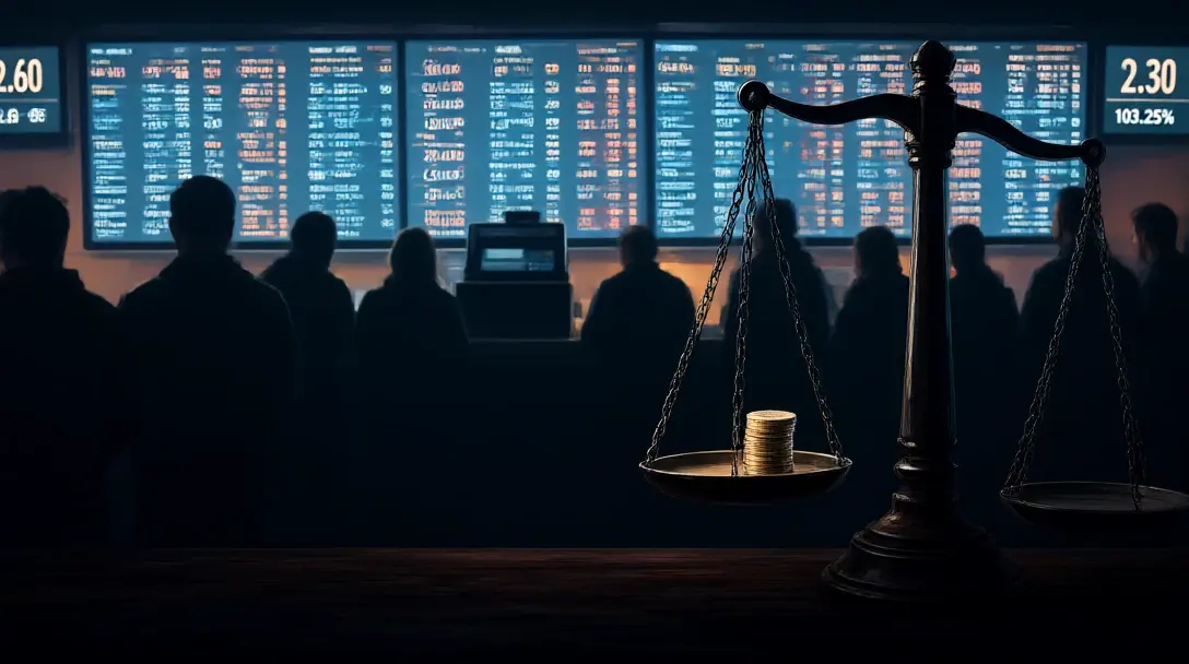 Betting shop screens full of football odds with a balance scale tipping towards a stack of pound coins