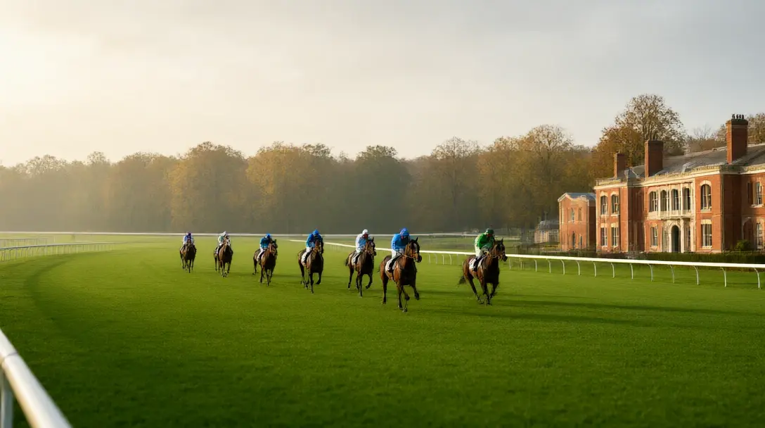 Thoroughbreds galloping left-handed on a lush green turf course in golden afternoon light