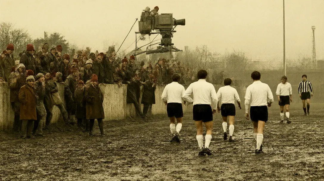 Vintage-style scene of fans flooding the muddy Edgar Street pitch as Hereford players celebrate, with a TV camera above