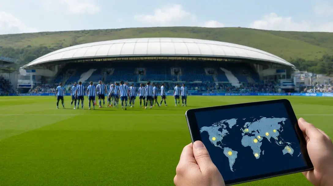 Brighton's curved-roof Amex Stadium below the South Downs, with a tablet showing a world map of transfer targets