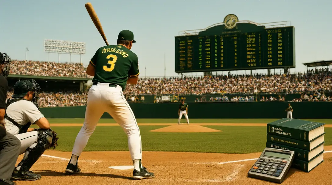Oakland Athletics batter seen from behind at the plate in a 2002 ballpark, with baseball stats books in the corner
