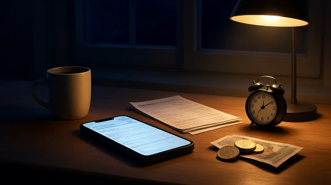 Alarm clock at 4:00 beside a phone with a betting slip, racecard and coffee on a kitchen table