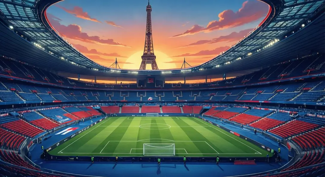 Parc des Princes stadium with Eiffel Tower at sunset