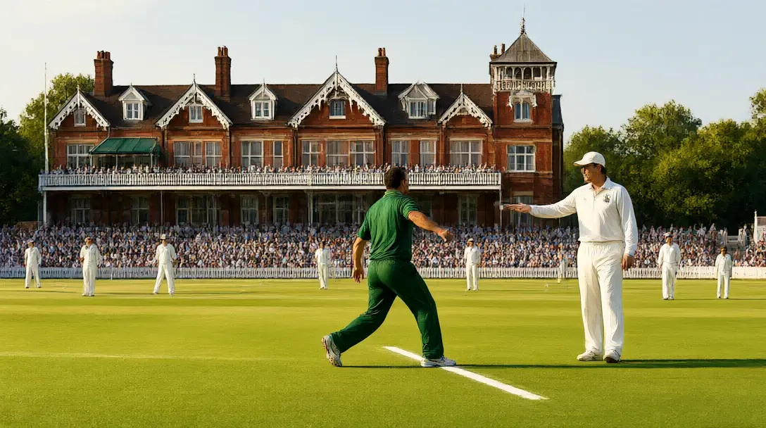 Pakistan bowler's front foot lands over the white crease as the umpire signals a no-ball, Lord's Pavilion behind, 2010