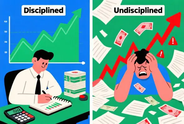 Split-screen editorial illustration comparing disciplined vs undisciplined betting. Left side: calm bettor with notebook tracking bets, steady upward trending line graph, organized betting slips, green positive indicators. Right side: stressed bettor with scattered betting slips, jagged volatile line graph crashing downward, red warning indicators, chaotic scene. Sports magazine illustration style, not photorealistic, digital art